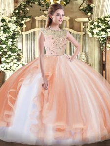 Sleeveless Floor Length Beading and Ruffles Zipper Ball Gown Prom Dress with Peach