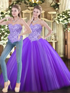 Gorgeous Sleeveless Floor Length Beading Lace Up 15 Quinceanera Dress with Eggplant Purple