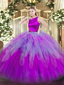 Multi-color Organza Clasp Handle Scoop Sleeveless Floor Length Quinceanera Gown Ruffles