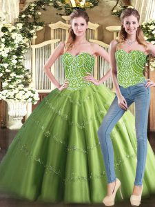 Fantastic Olive Green Ball Gowns Tulle Sweetheart Sleeveless Beading Floor Length Lace Up Quince Ball Gowns