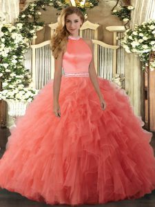 Admirable Orange Red Halter Top Backless Beading and Ruffles Quinceanera Gowns Sleeveless
