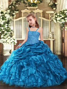 Blue Straps Lace Up Beading and Ruffles Kids Formal Wear Sleeveless
