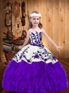 Trendy Purple Straps Lace Up Embroidery and Ruffles Little Girl Pageant Dress Sleeveless