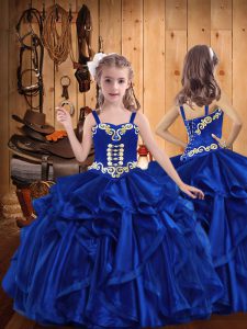 Royal Blue Sleeveless Embroidery and Ruffles Floor Length Evening Gowns