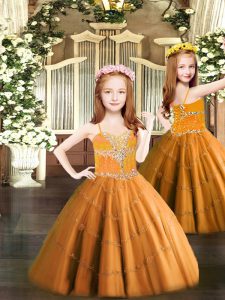 Dazzling Sleeveless Tulle Floor Length Lace Up Pageant Dress Womens in Orange with Beading