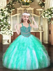 Apple Green Straps Neckline Beading and Ruffles Little Girls Pageant Dress Wholesale Sleeveless Lace Up