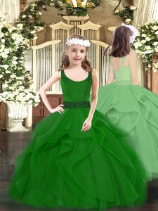 On Sale Ball Gowns Pageant Dress for Girls Dark Green Scoop Tulle Sleeveless Floor Length Zipper