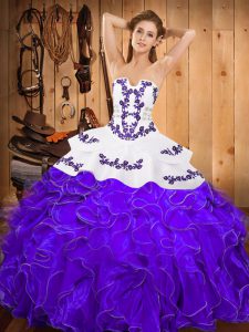 White And Purple Ball Gowns Embroidery and Ruffles Sweet 16 Quinceanera Dress Lace Up Satin and Organza Sleeveless Floor