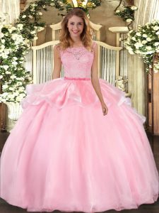 Pink Sweet 16 Dress Military Ball and Sweet 16 and Quinceanera with Lace Scoop Sleeveless Clasp Handle