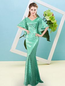 Floor Length Mermaid Half Sleeves Turquoise Prom Evening Gown Zipper
