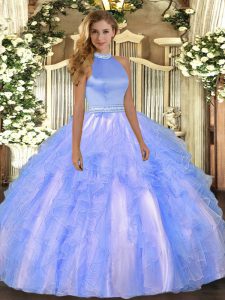 Baby Blue Halter Top Backless Beading and Ruffles Sweet 16 Quinceanera Dress Sleeveless