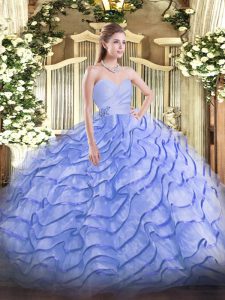 Excellent Blue Lace Up Sweetheart Beading and Ruffled Layers Sweet 16 Dress Organza Sleeveless Brush Train