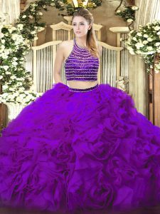 Perfect Beading and Ruffles Quinceanera Dresses Eggplant Purple Lace Up Sleeveless Floor Length