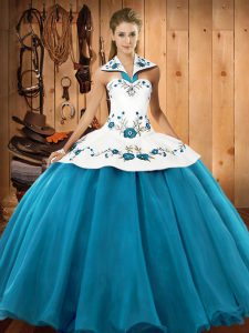 Gorgeous Sleeveless Satin and Tulle Floor Length Lace Up Quinceanera Gown in Teal with Embroidery