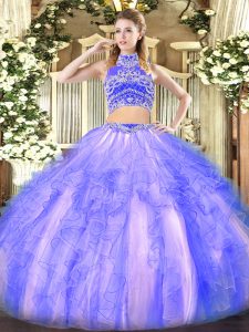 Floor Length Backless Ball Gown Prom Dress Lavender for Military Ball and Sweet 16 and Quinceanera with Beading and Ruff