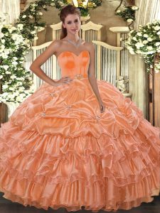 Excellent Orange Ball Gowns Sweetheart Sleeveless Organza Floor Length Lace Up Beading and Ruffled Layers Quinceanera Go