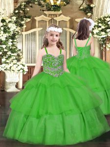 Green Little Girls Pageant Dress Party and Quinceanera with Beading and Ruffled Layers Straps Sleeveless Lace Up
