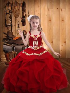 Exquisite Floor Length Wine Red Little Girl Pageant Gowns Organza Sleeveless Embroidery and Ruffles