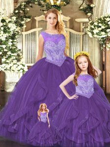 Artistic Beading and Ruffles Ball Gown Prom Dress Purple Lace Up Sleeveless Floor Length
