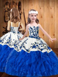 Floor Length Ball Gowns Sleeveless Blue And White Little Girls Pageant Gowns Lace Up