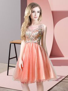Scoop Sleeveless Prom Gown Knee Length Beading Peach Tulle