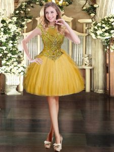 Gold Cap Sleeves Tulle Zipper Evening Dress for Prom and Party