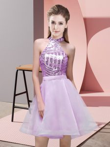 Lilac A-line Sequins Damas Dress Backless Chiffon Sleeveless Mini Length