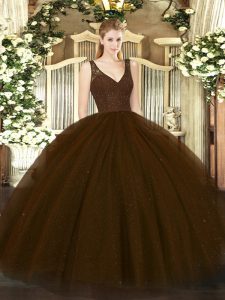 Floor Length Zipper Ball Gown Prom Dress Brown for Sweet 16 and Quinceanera with Beading