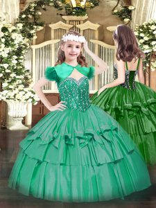Inexpensive Floor Length Turquoise Winning Pageant Gowns Organza Sleeveless Beading and Ruffled Layers