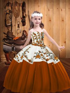Top Selling Brown Tulle Lace Up Little Girl Pageant Dress Sleeveless Floor Length Embroidery
