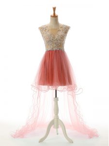 Chic Watermelon Red A-line Tulle Scoop Sleeveless Appliques High Low Backless Homecoming Dress