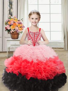 Custom Fit Straps Sleeveless Little Girls Pageant Dress Floor Length Beading and Ruffles Multi-color Organza