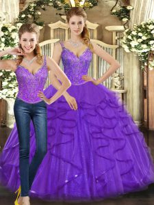 New Style Purple Two Pieces Organza Straps Sleeveless Beading and Ruffles Floor Length Lace Up Sweet 16 Dresses