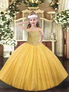 Floor Length Lace Up Little Girls Pageant Gowns Gold for Party and Quinceanera with Beading