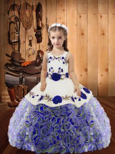 Floor Length Multi-color Kids Formal Wear Fabric With Rolling Flowers Sleeveless Embroidery and Ruffles