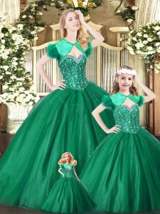 Dynamic Sweetheart Sleeveless 15 Quinceanera Dress Floor Length Beading Green Tulle