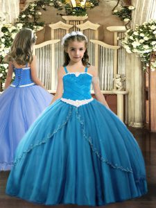Blue Ball Gowns Appliques Pageant Dress for Girls Lace Up Tulle Sleeveless