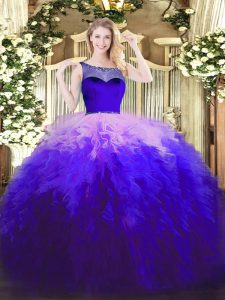 Tulle Scoop Sleeveless Zipper Beading and Ruffles 15th Birthday Dress in Multi-color