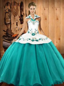 Glorious Turquoise Lace Up Halter Top Embroidery Sweet 16 Dresses Satin and Tulle Sleeveless