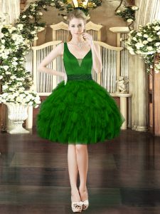 Dark Green Ball Gowns Organza V-neck Sleeveless Beading and Ruffles Mini Length Lace Up Evening Dress