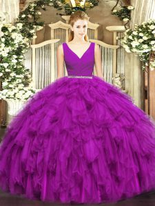 Unique Fuchsia Vestidos de Quinceanera Military Ball and Sweet 16 and Quinceanera with Beading and Ruffles V-neck Sleeve