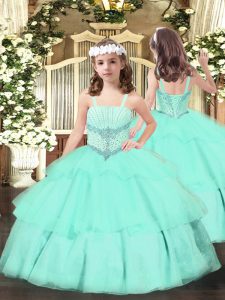 Sleeveless Organza Floor Length Lace Up Girls Pageant Dresses in Apple Green with Beading and Ruffled Layers