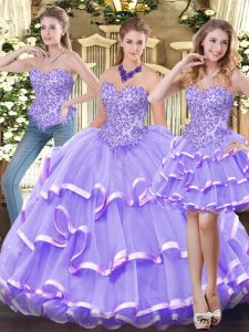 Charming Lavender Zipper Sweetheart Appliques and Ruffled Layers 15th Birthday Dress Organza Sleeveless