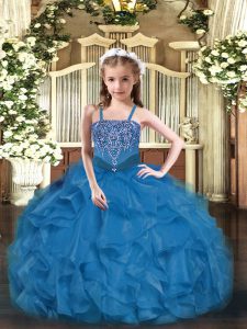 Blue Straps Neckline Beading and Ruffles Little Girl Pageant Gowns Sleeveless Lace Up