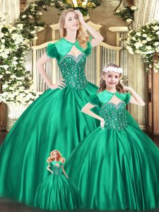 Sleeveless Organza Floor Length Lace Up 15 Quinceanera Dress in Green with Beading