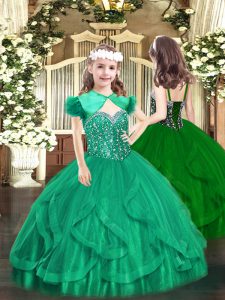 Turquoise Lace Up Pageant Gowns For Girls Beading and Ruffles Sleeveless Floor Length