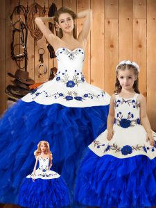 Blue And White Lace Up Sweetheart Embroidery and Ruffles Sweet 16 Dress Satin and Organza Sleeveless