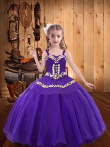 Eggplant Purple Ball Gowns Organza Straps Sleeveless Embroidery Floor Length Lace Up Kids Pageant Dress