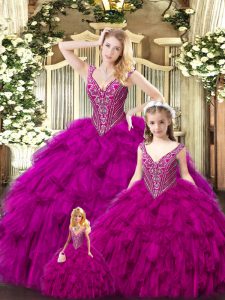 Comfortable Tulle Straps Sleeveless Lace Up Beading and Ruffles Ball Gown Prom Dress in Fuchsia