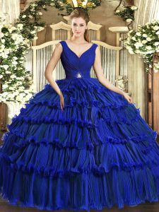 Floor Length Backless Quince Ball Gowns Royal Blue for Sweet 16 and Quinceanera with Beading and Ruffled Layers